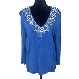 Jones New York - Blue Blouse with White  Beaded Detailing - Size 1X